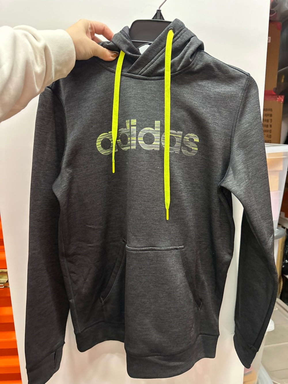 adidas Women’s Charcoal Hoodie with Neon Yellow Drawstrings and Logo